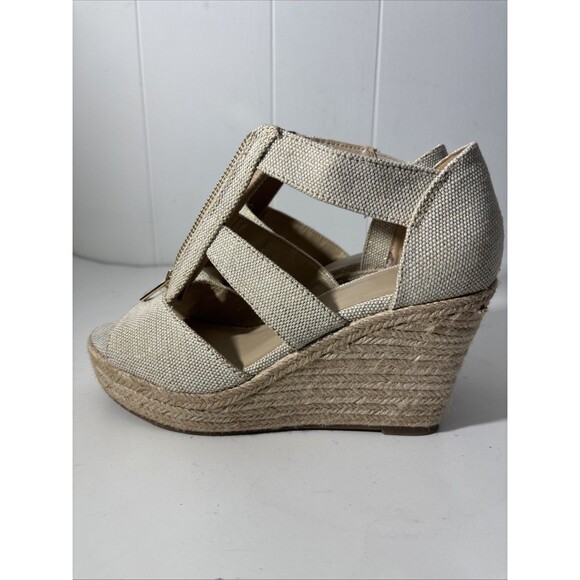 Wedge Platform Sandals Nude Tan Peep Toe Espadrille Dressy Gold Zip Sz 7 NWOT - Picture 4 of 16